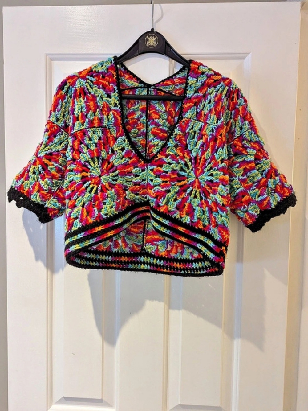 Handmade Crochet Sweater V Neck Pullover Top Dopamine Dressing Festival Retro S